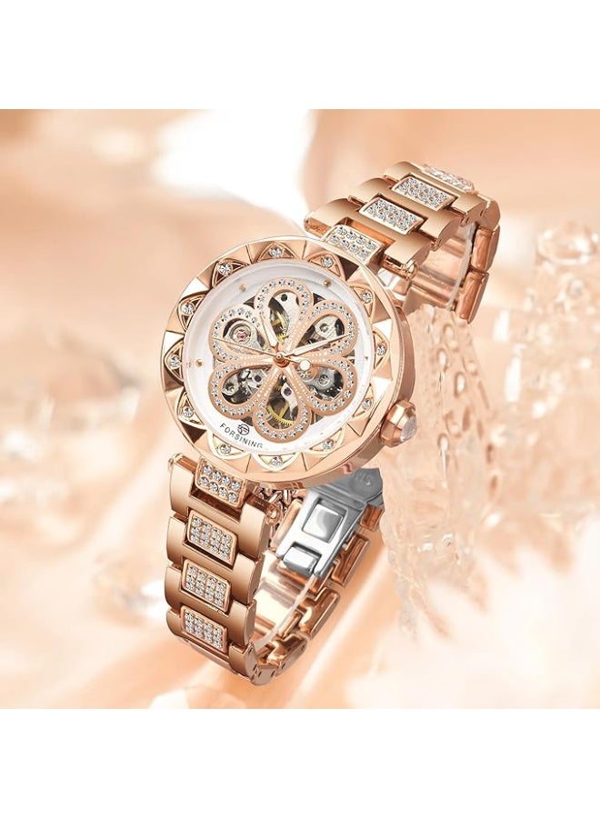 FORSINING Women Automatic Mechanical Watches Skeleton Steampunk Watch with Diamond and Carving Flower Craft Cold Watch for Women Minimalist Retro Design Mechanical Skeleton Wrist Watch - Image 5